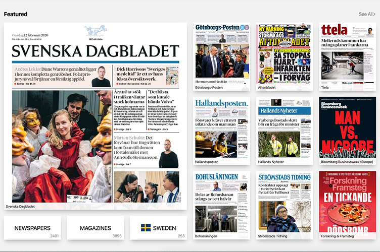 Skärm som visar digitala tidningar som går att läsa via tjänsten Pressreader. Tjänsten har du tillgång till via biblioteken i Malmö.